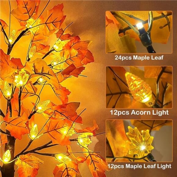 2 Pack 24 Inch Fall Maple Tree Decorations Pre Lit LED Battery Operated Autumn D - Picture 4 of 7